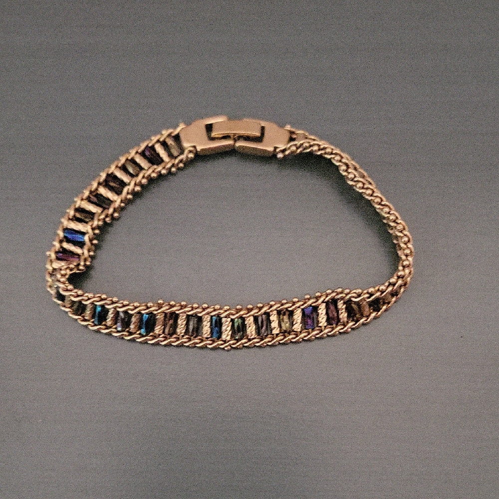 Gold Tone Chain Bracelet with Multicolored Gem Accents